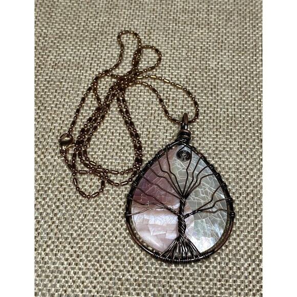 Necklace Mother of Pearl Tree of Life Wire Work Cooper Rose Gold Tone Chain 23” - Picture 8 of 13